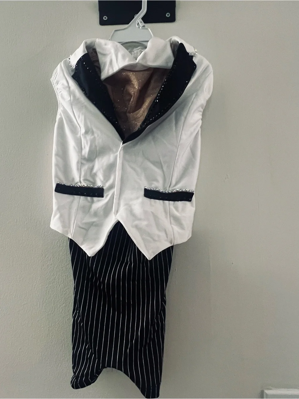2 costumes in 1 - White/ Black leotard suit with change to red blazer and shorts